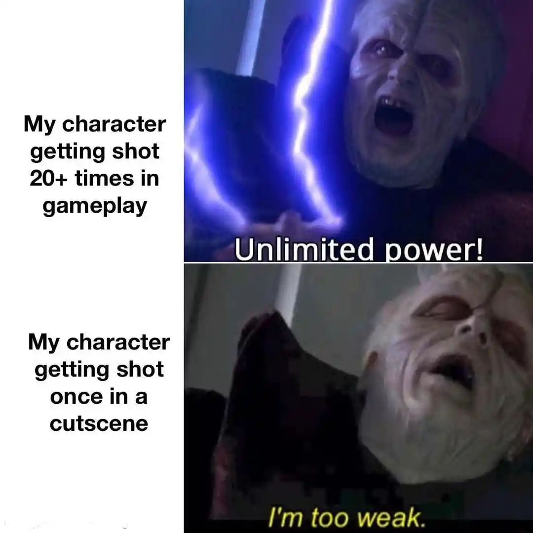 Palpatine game meme mocking cutscene damage logic