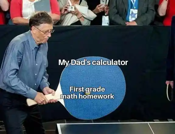 Dad's giant calculator meme crushing first grade math homework