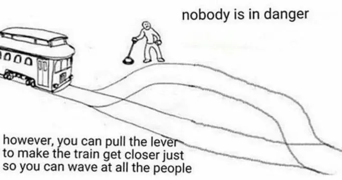 Trolley problem meme pull lever to wave