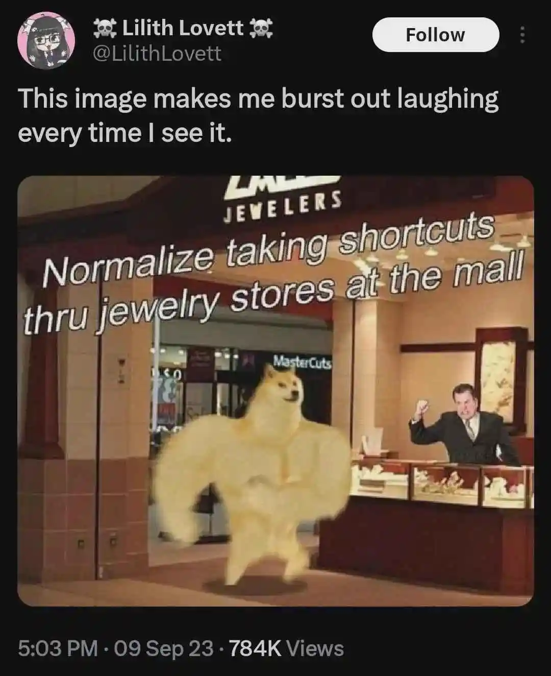 Mall jewelry shortcut meme buff doge walks past clerk