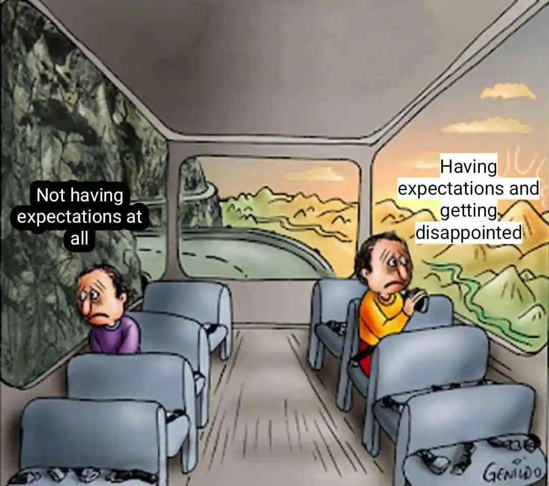 Low expectations meme of sad bus riders