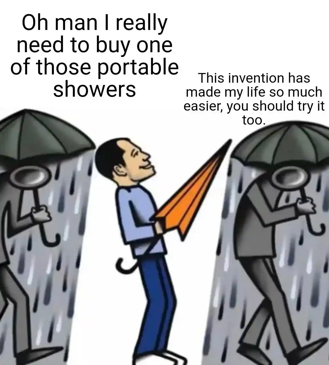 Portable shower meme man walks dry among users