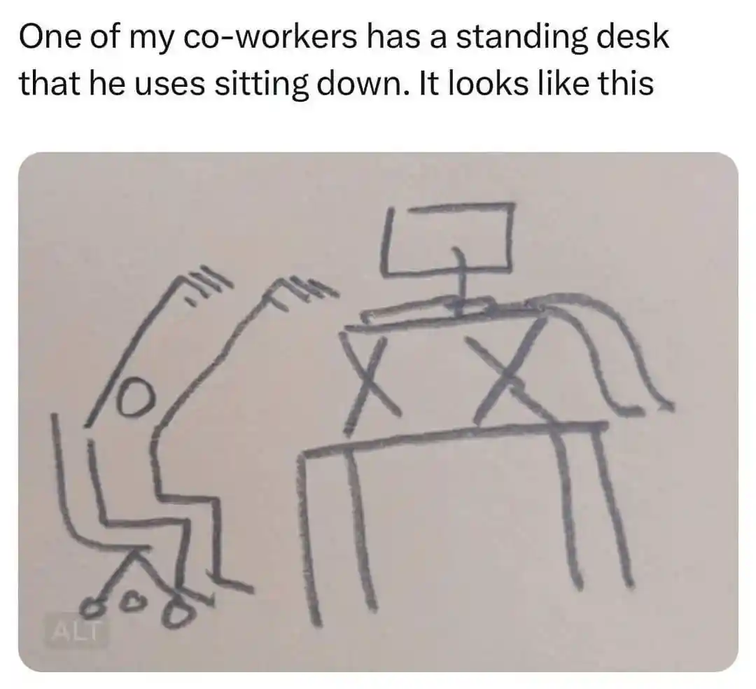 Standing desk meme used sitting at work