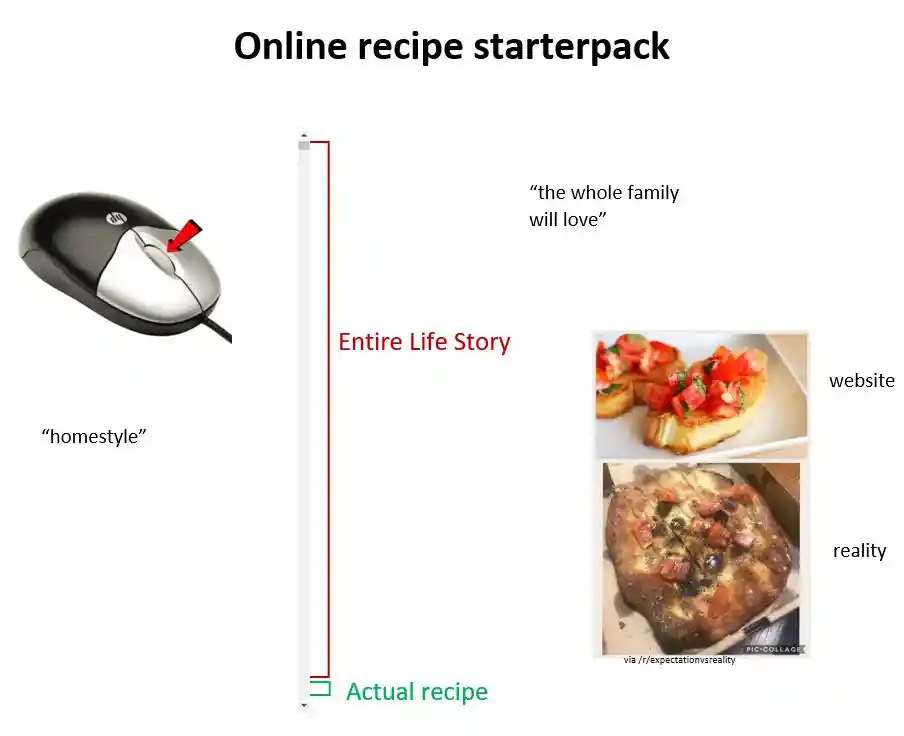 Online recipe starterpack meme skip long life story to find recipe