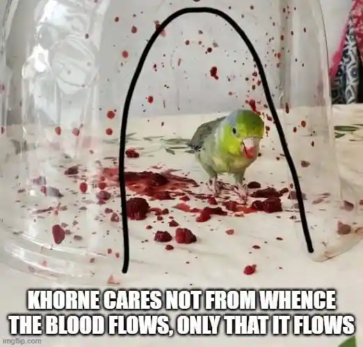 Khorne parrot meme in red berry mess