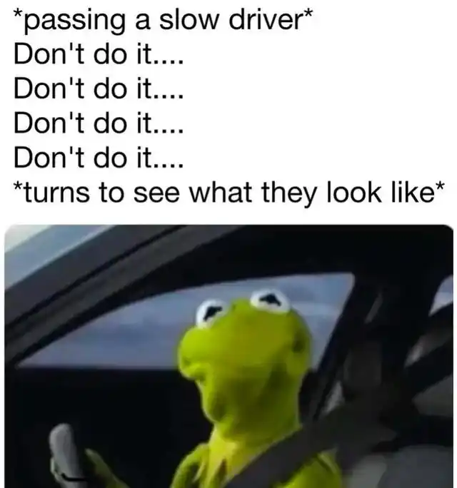 Kermit meme peeking at slow driver