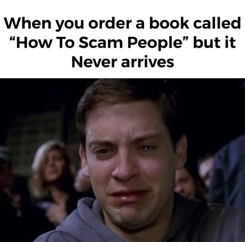 Crying Peter Parker meme sad over lost scam book