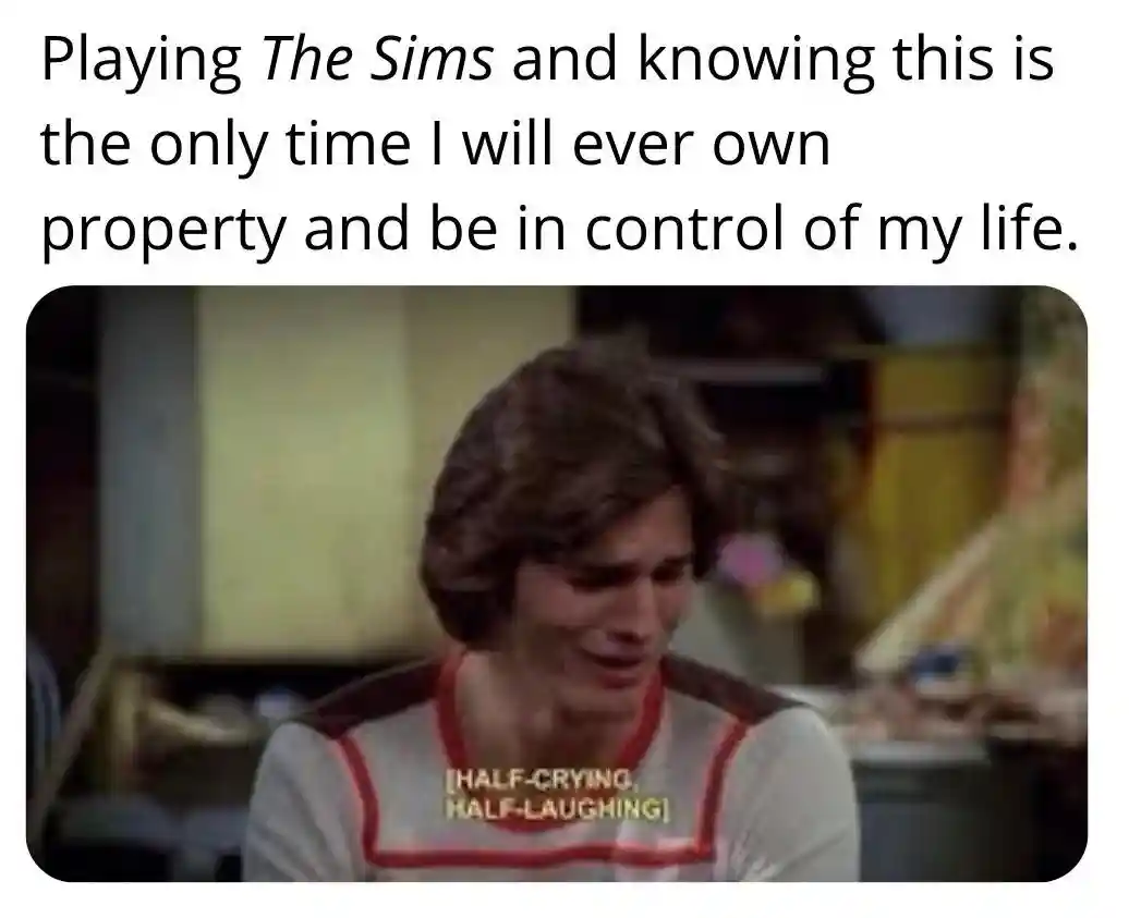 The sims house meme half crying laughing
