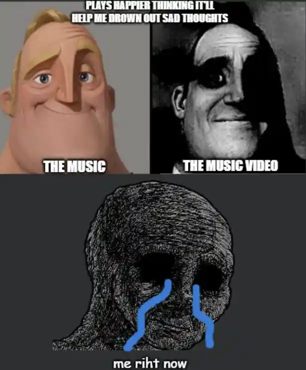 Mr incredible meme crying at music video