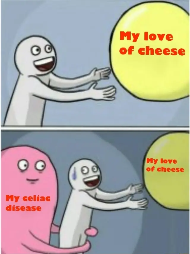 Running away balloon meme stopped by celiac disease craving cheese
