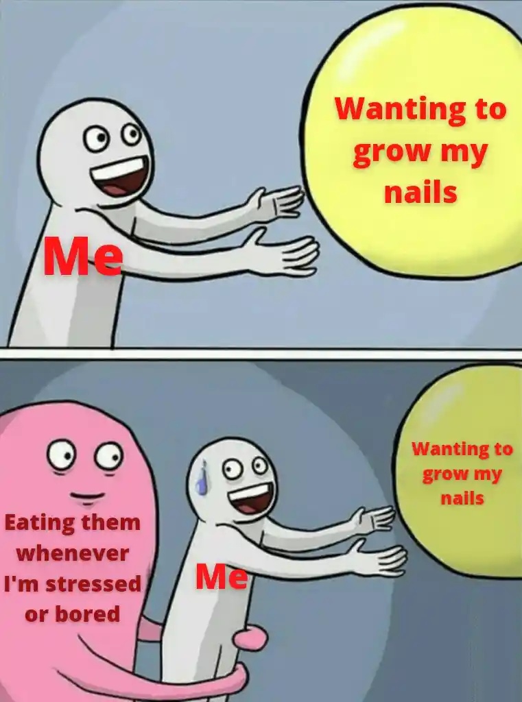 Running away balloon meme held back by nail biting