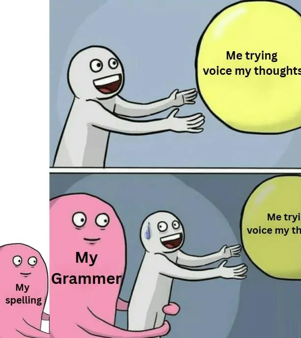 Running away balloon meme stopped by grammar and spelling