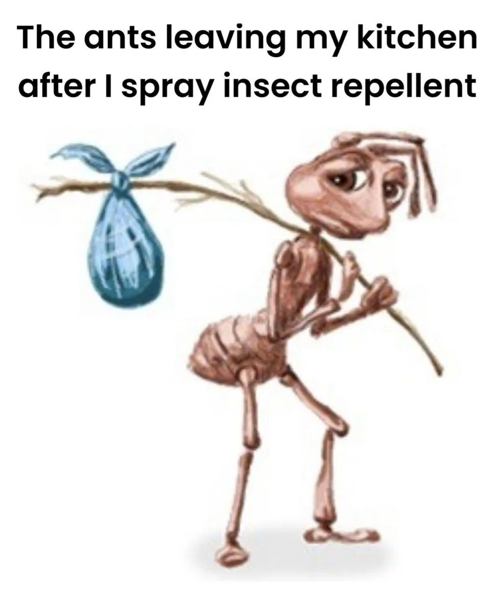 Sad ant meme leaving kitchen after spray