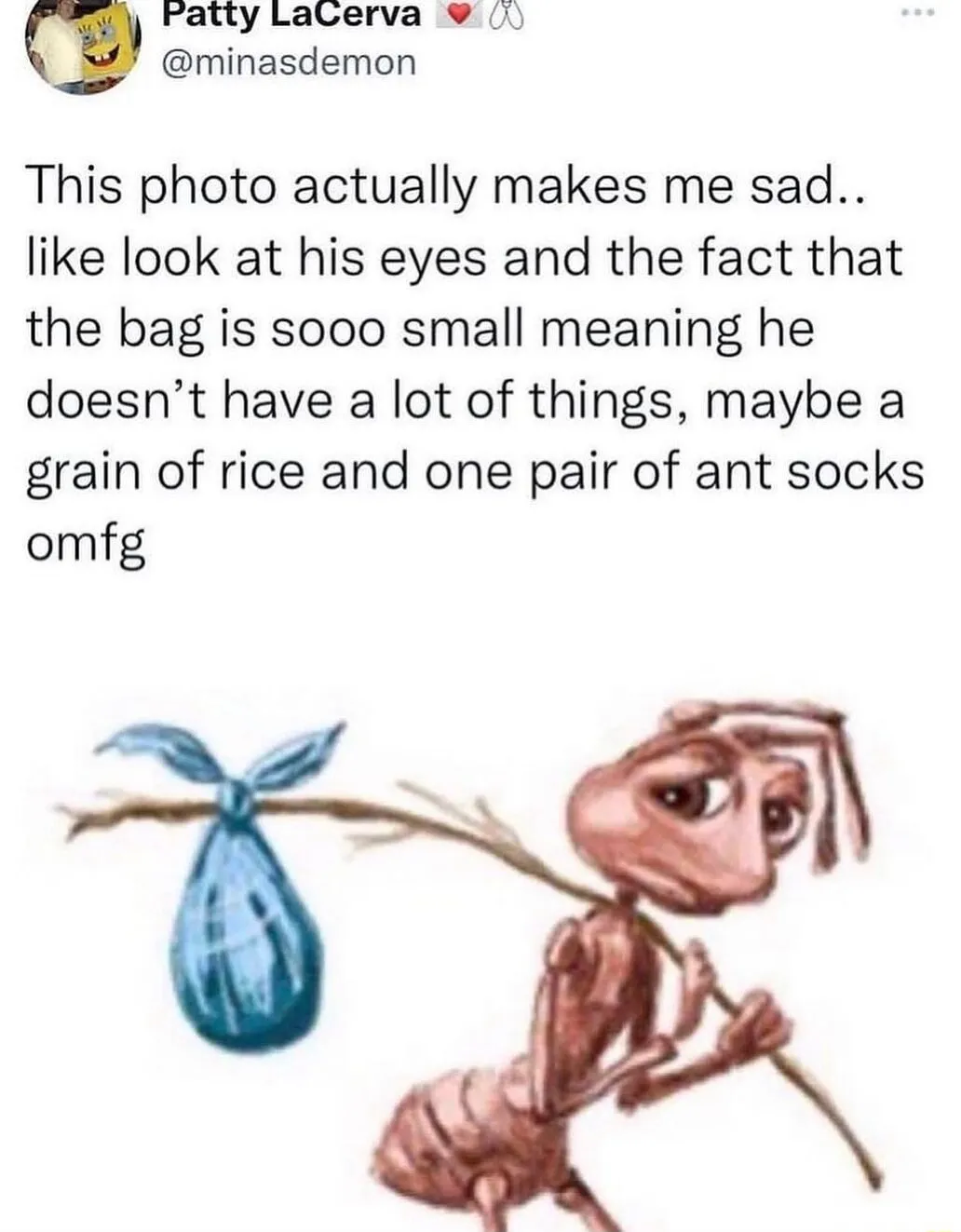 Sad ant meme holding tiny bag feels sad