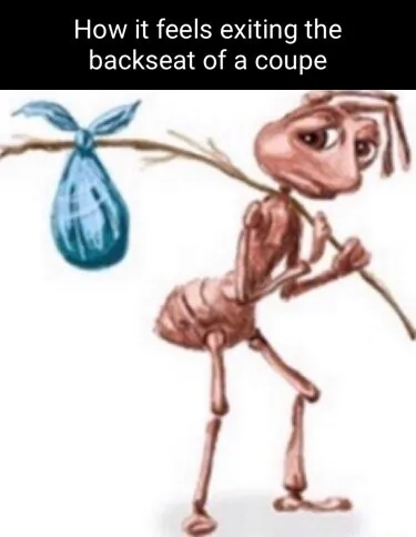 Sad ant meme exiting coupe backseat sore