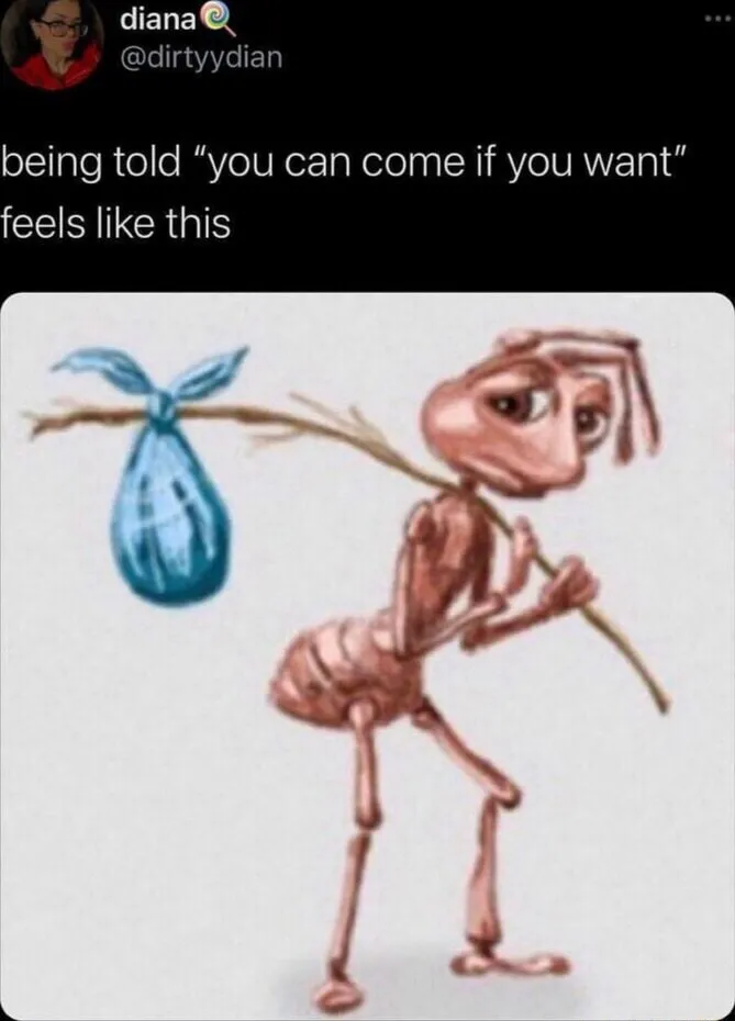 Sad ant meme carrying bag feeling lonely