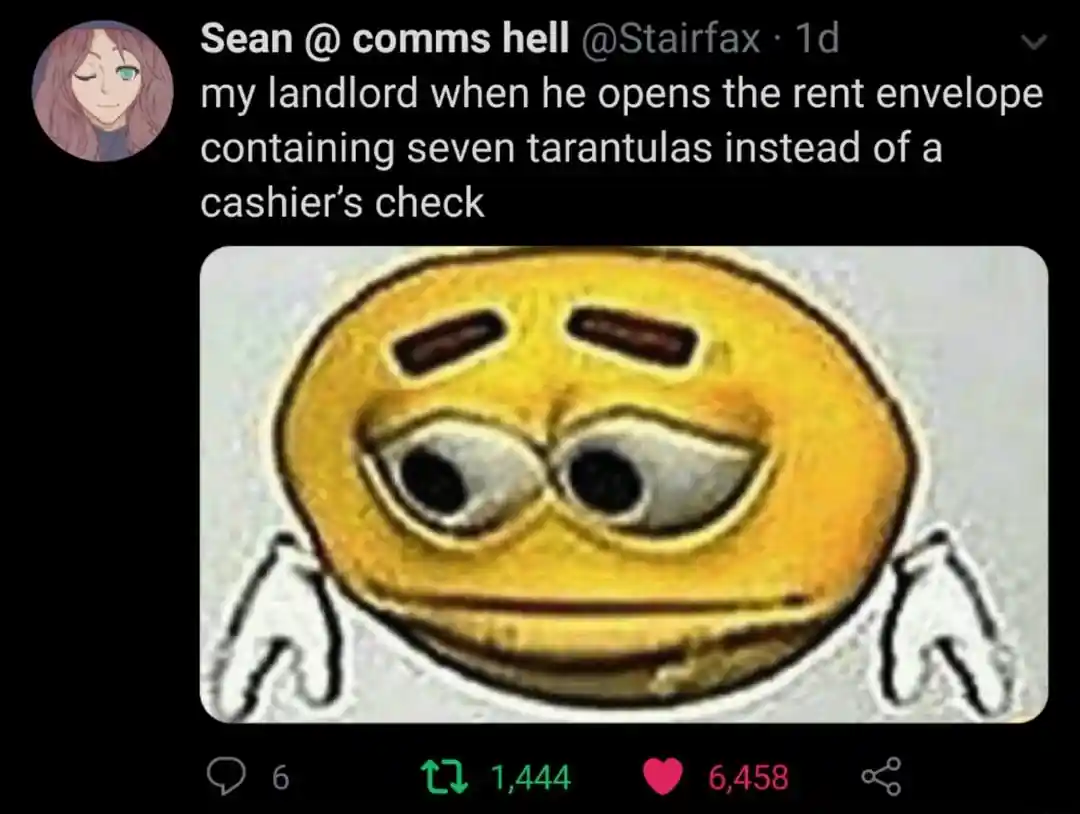 Sad emoji meme landlord gets tarantulas as rent