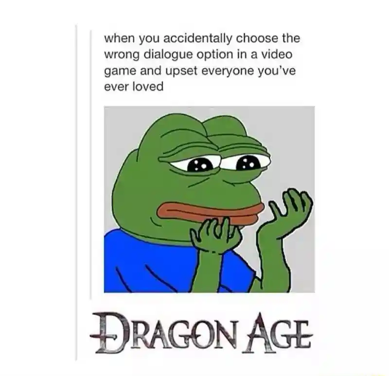 Sad frog meme upset at wrong Dragon Age dialogue