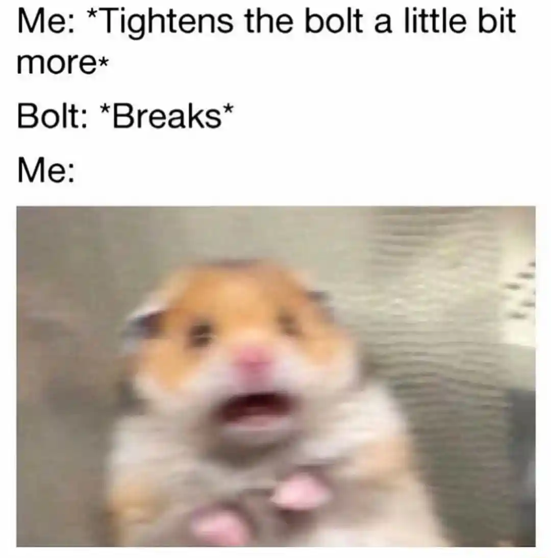 Scared hamster meme shocked at broken bolt