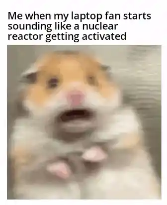 Scared hamster meme shocked at loud laptop fan