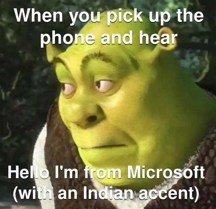 Shrek meme face tired of microsoft call