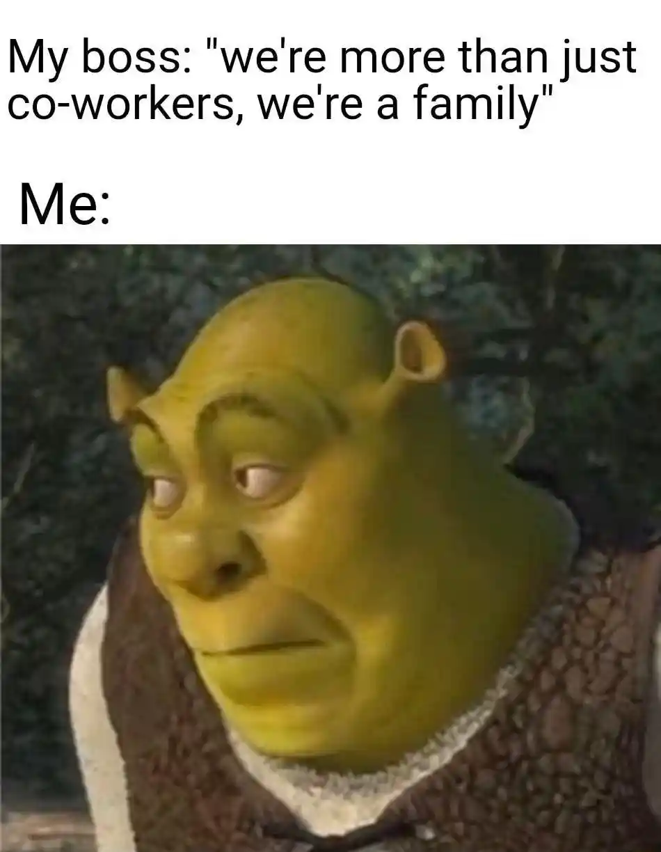 Shrek meme face unimpressed at boss family work speech