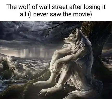 Sitting wolf meme sad after losing all