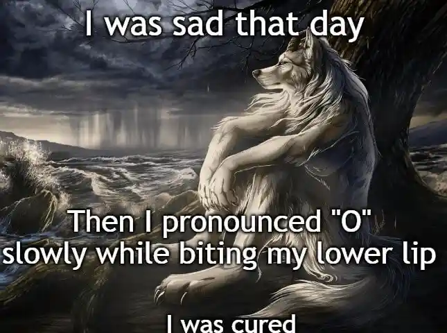 Sitting wolf meme sad then cured easily