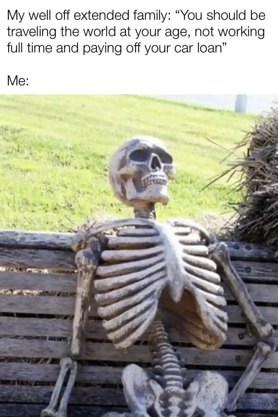 Skeleton waiting meme tired of car loan