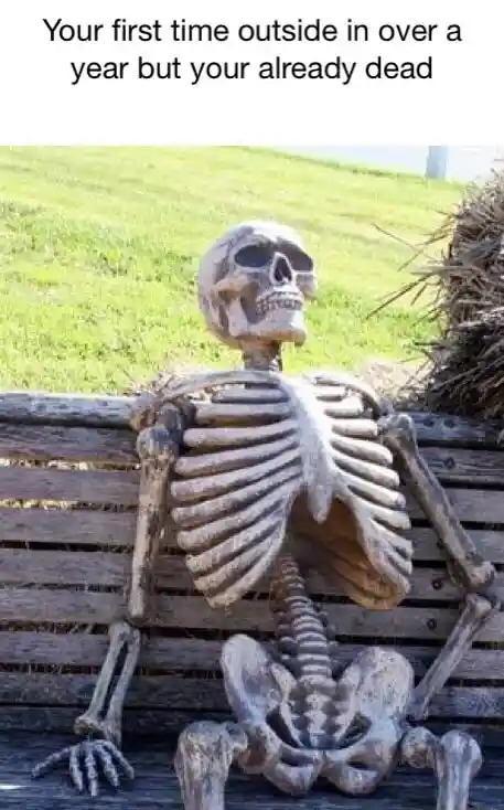 Skeleton waiting meme sitting outside long dead