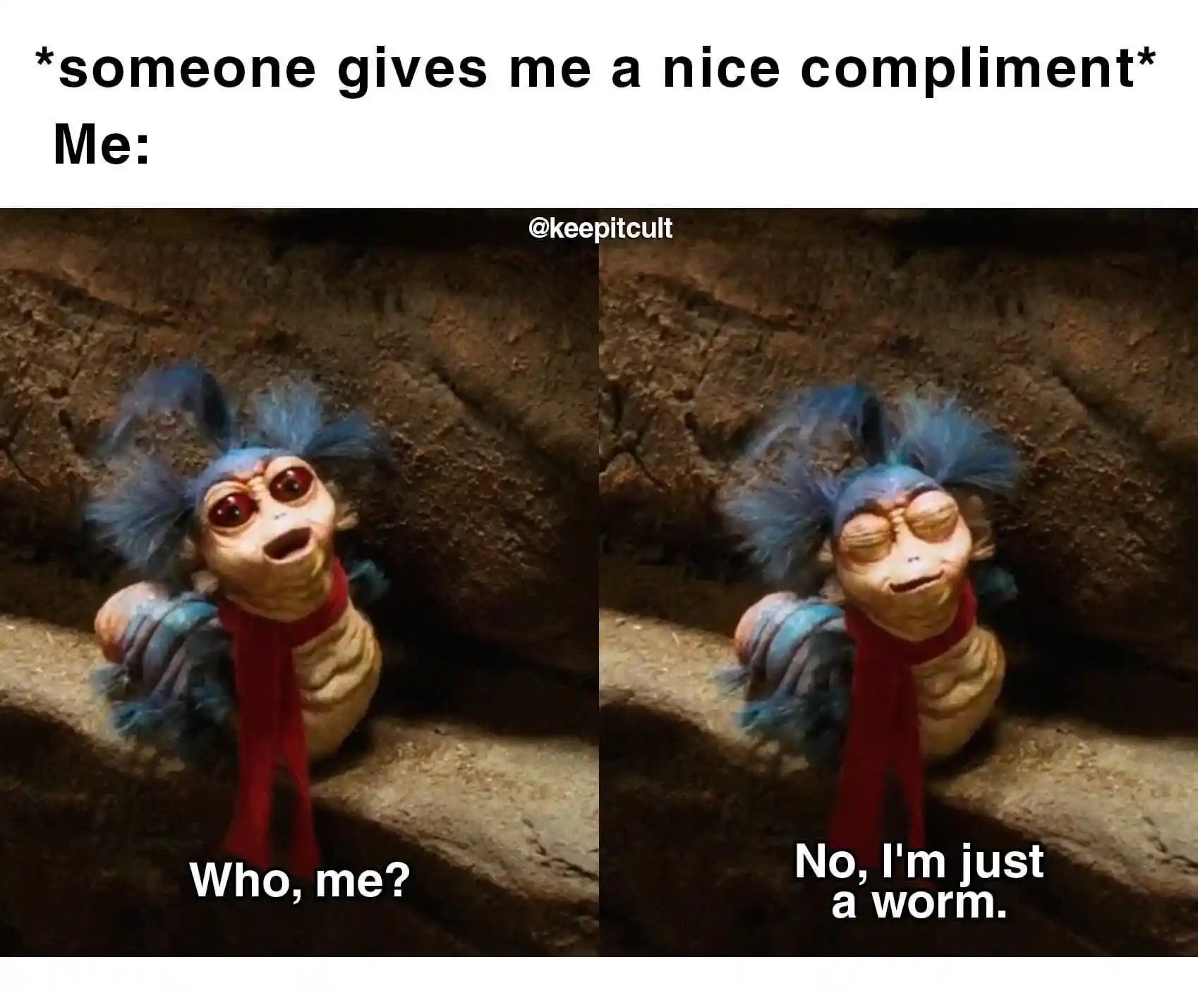 Worm meme reacting shyly to compliments