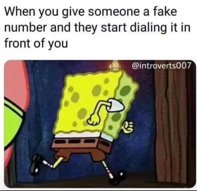Spongebob running meme sneak away when they dial fake number