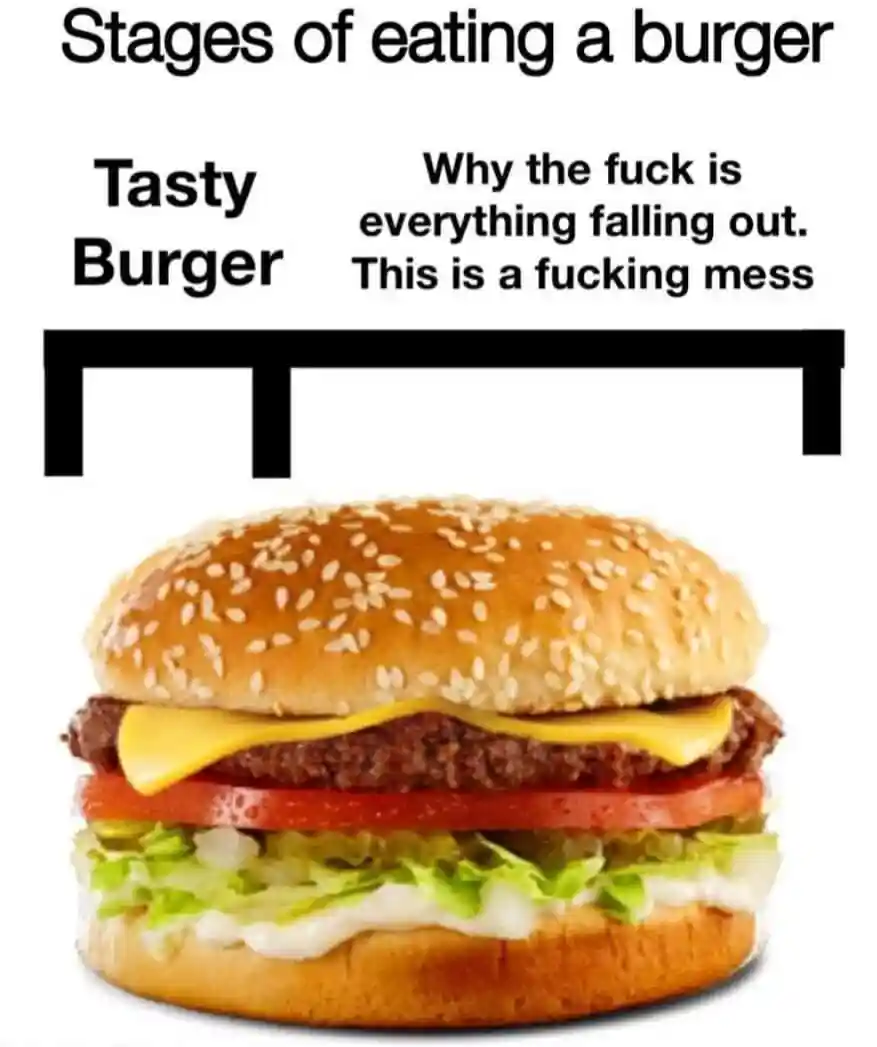 Stages of eating burger meme mad at mess
