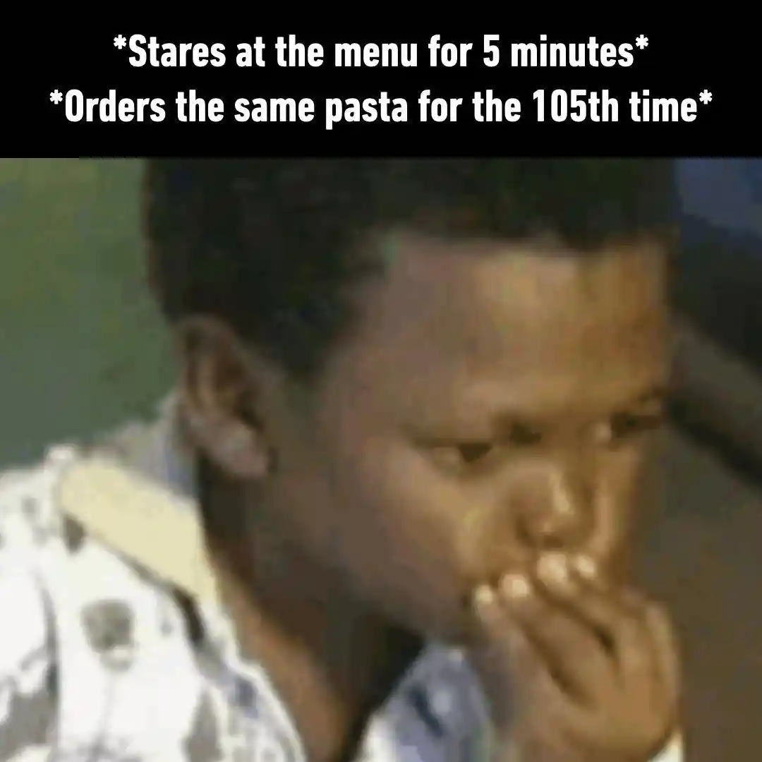 Same pasta order meme stares at menu