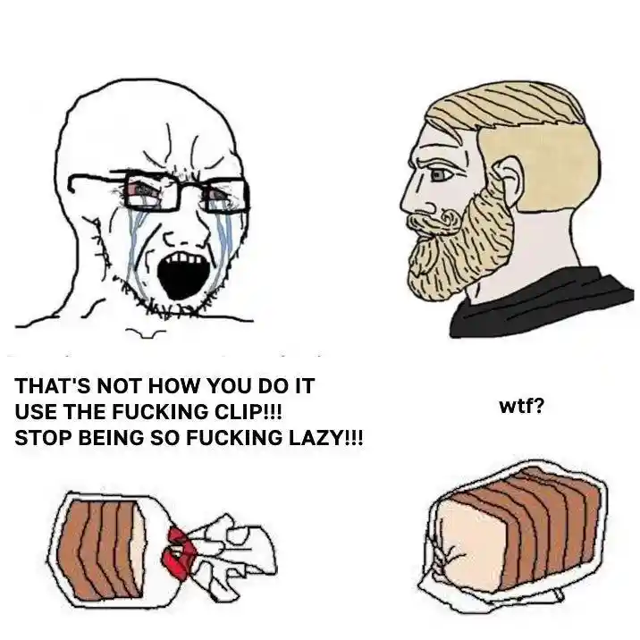 Soyjack chad meme yelling over bread clip