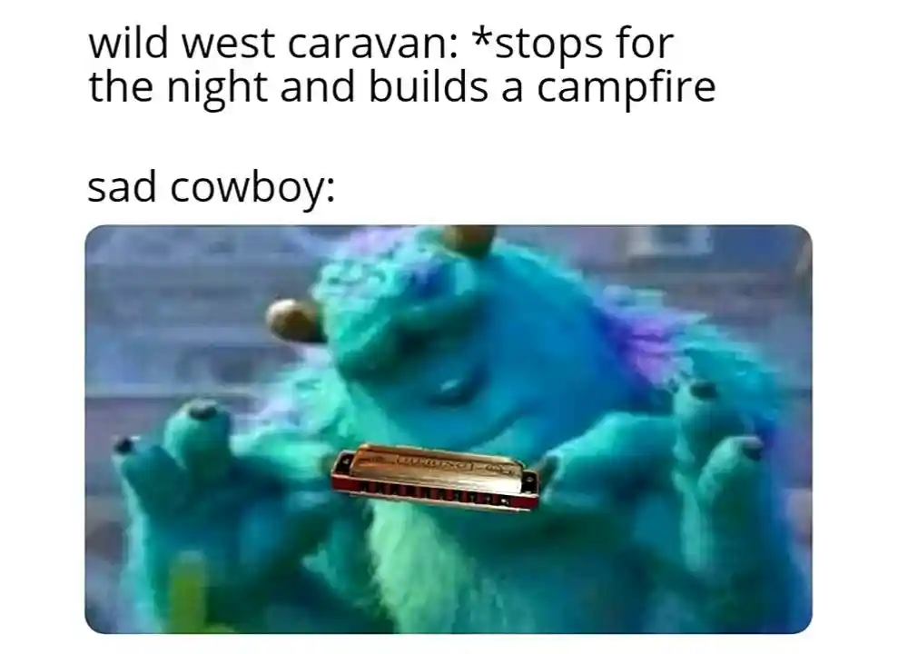 Sad cowboy meme plays harmonica at camp