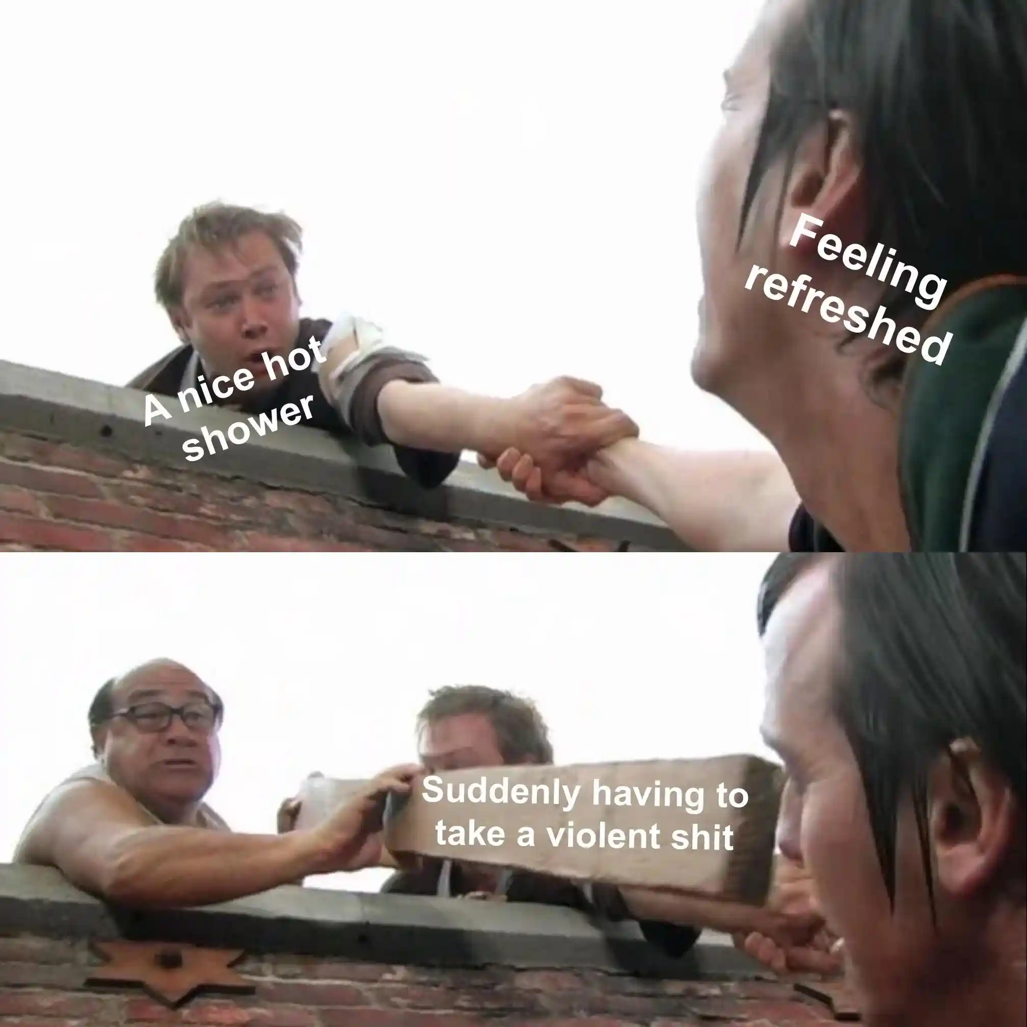 Hot shower meme cut short by sudden shit
