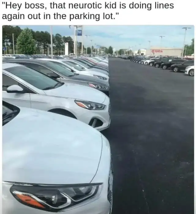 Car lot lines meme kid doing lines joke