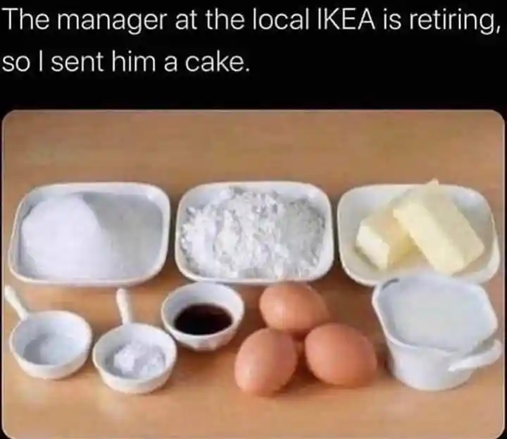 Ikea retirement cake meme with raw parts