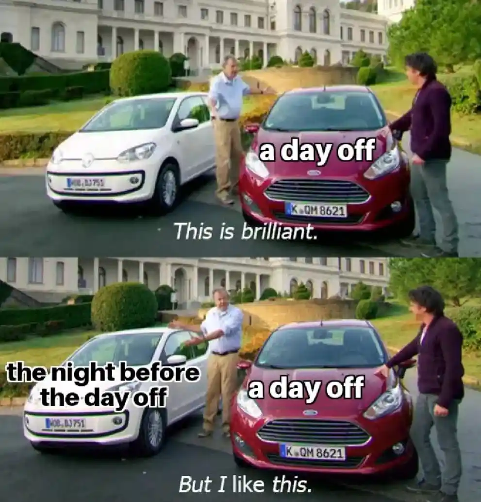 Day off meme likes night before free day