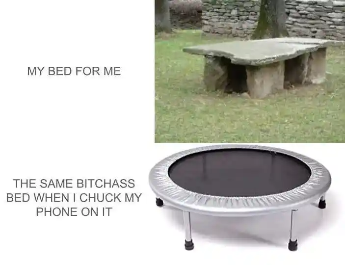 Bed trampoline meme bounces thrown phone