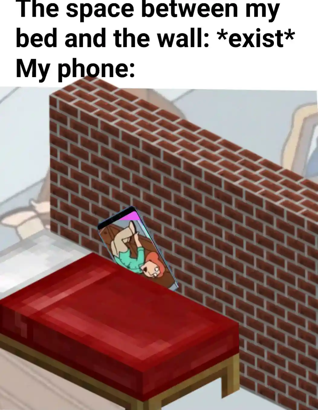 Phone dropped in bed wall gap meme stuck
