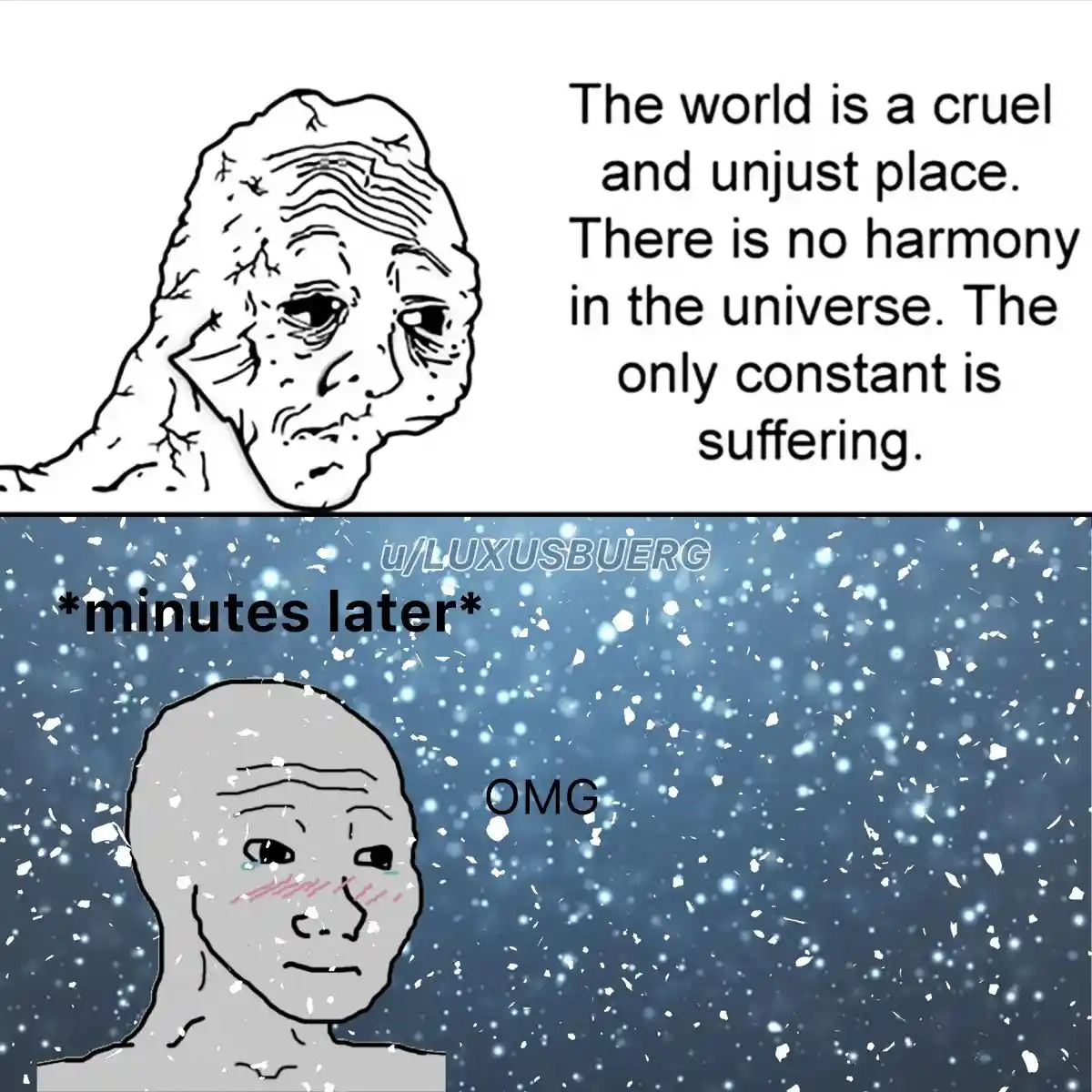 Wojak pessimist meme cheers up at snow