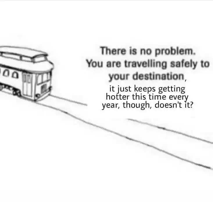 Trolley meme joking about global warming