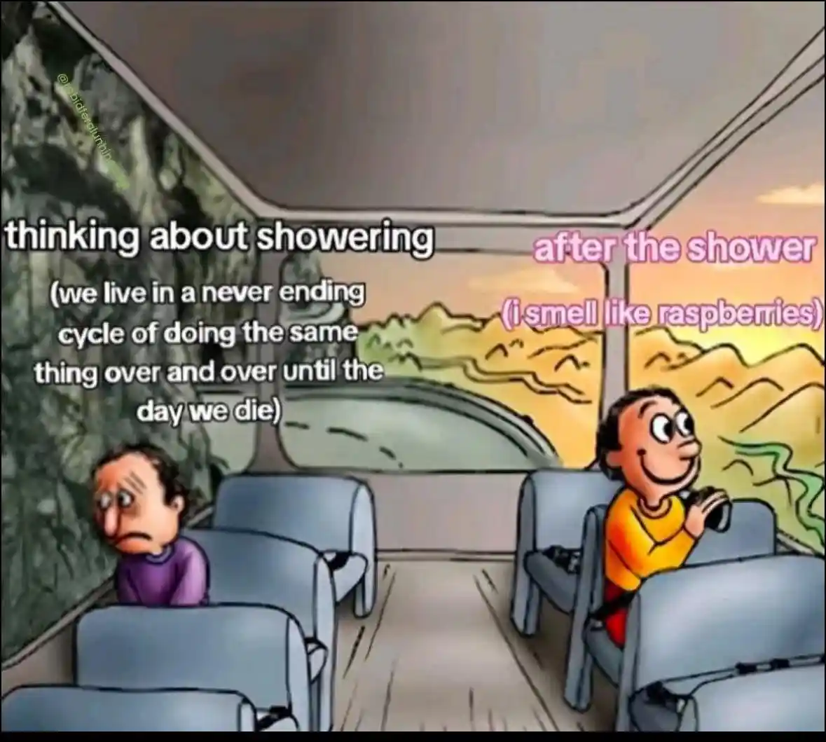 Shower meme showing pre and post shower mood
