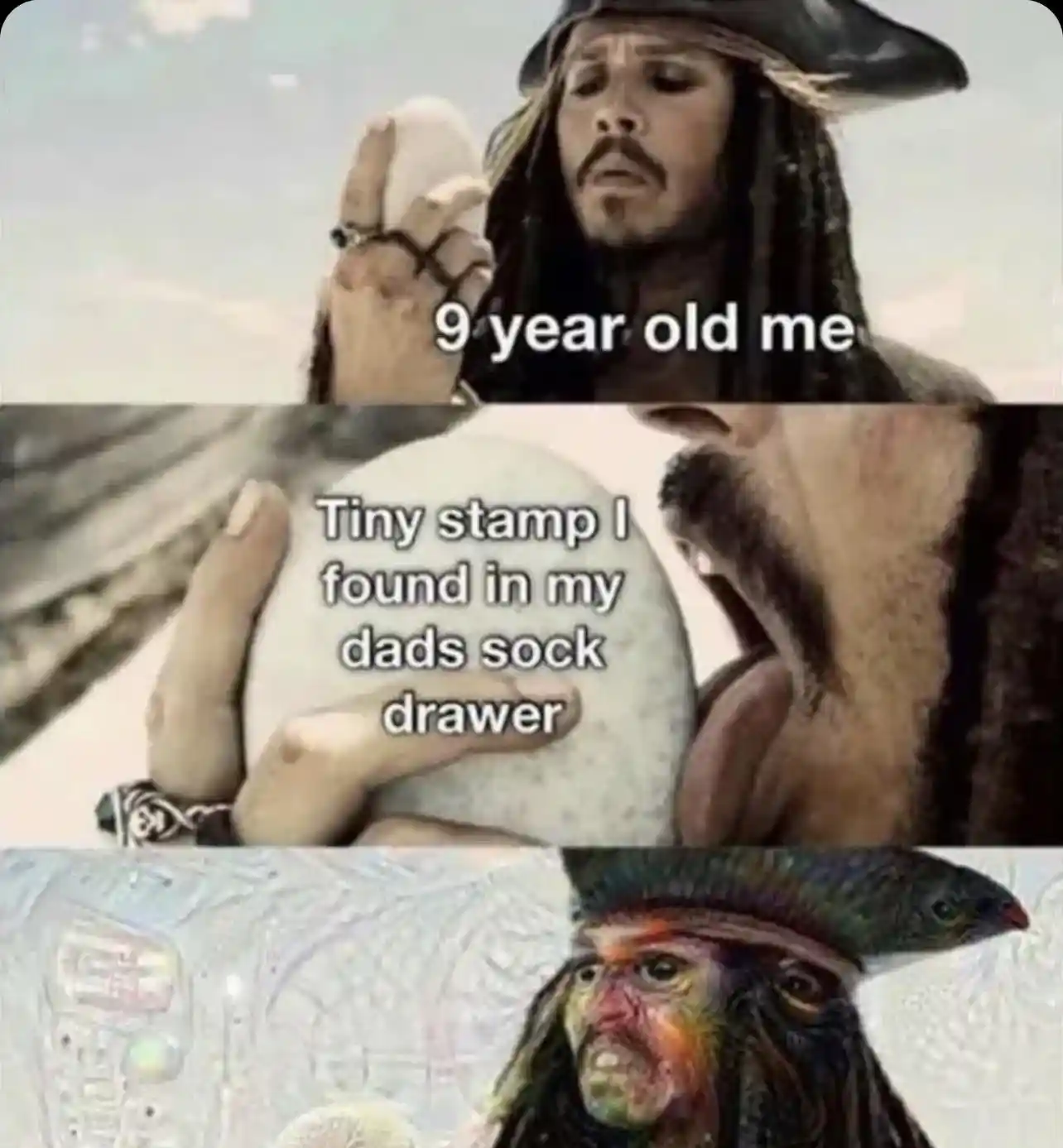 Jack sparrow egg meme licks weird stamp
