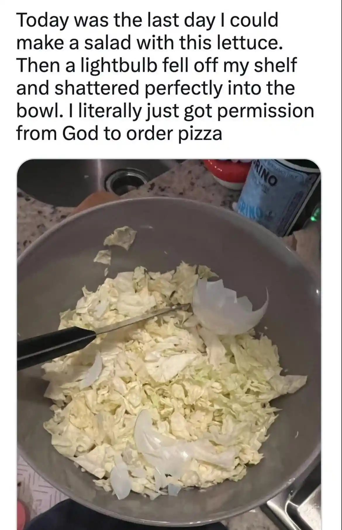 Broken bulb salad meme gets god ok for pizza