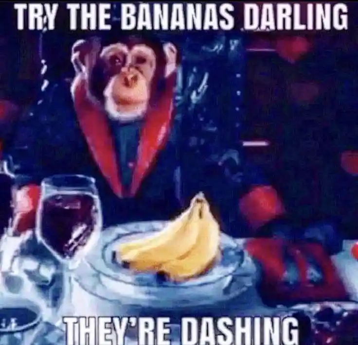 Chimp gives bananas meme at fancy dinner