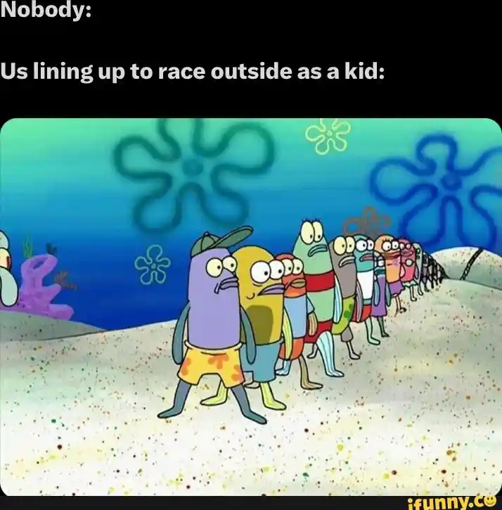 Spongebob fish line up meme waiting to race as kids