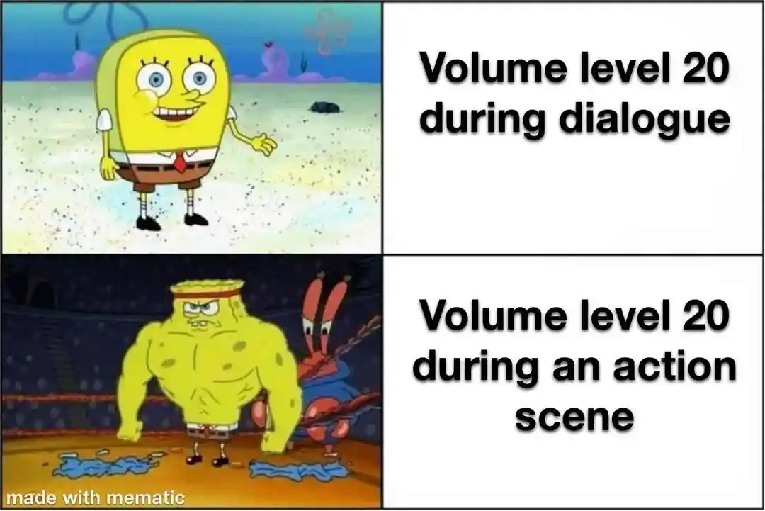 Spongebob volume level meme contrasts dialogue and action scenes